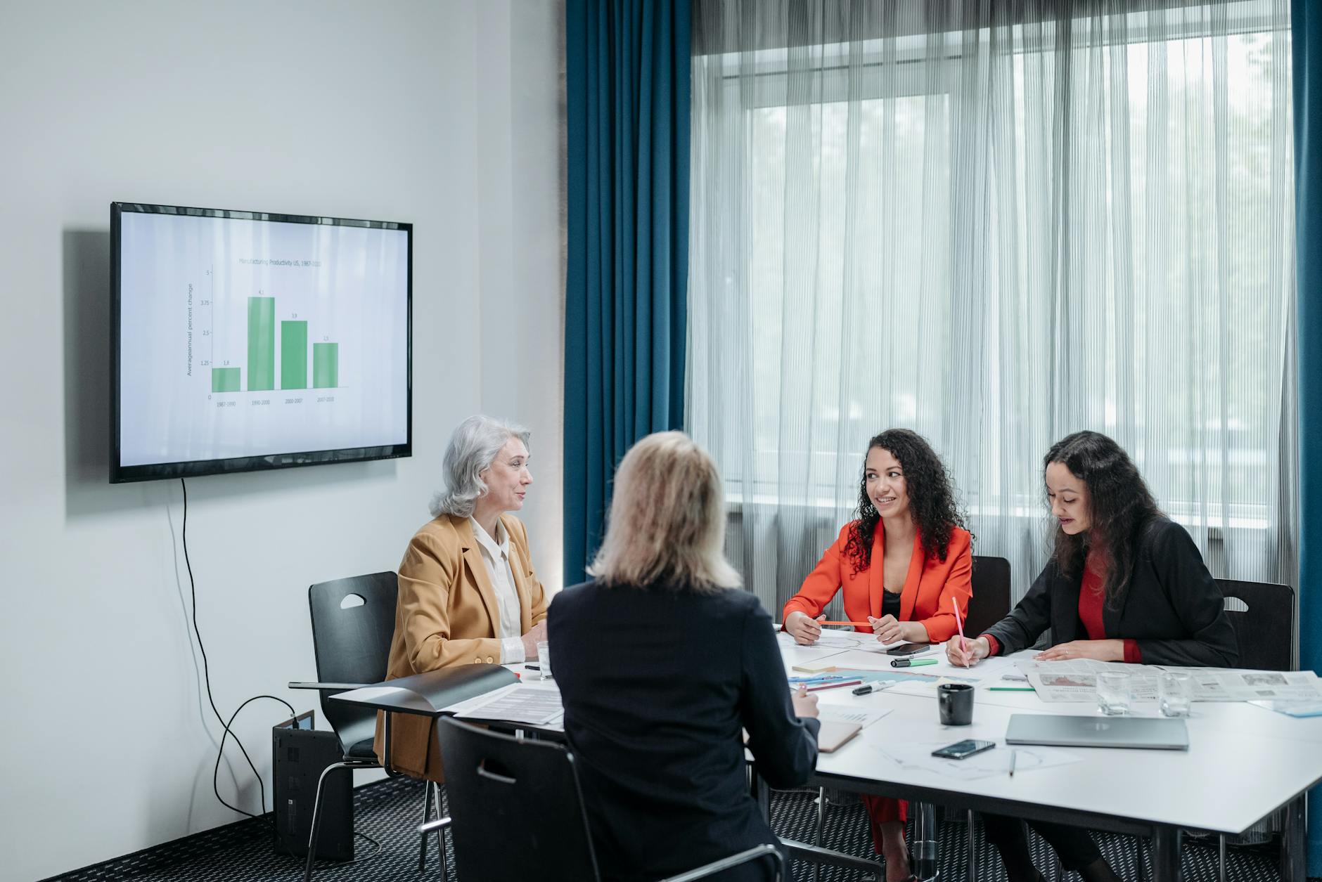 Four professional women engaged in a business meeting with a presentation on a screen.